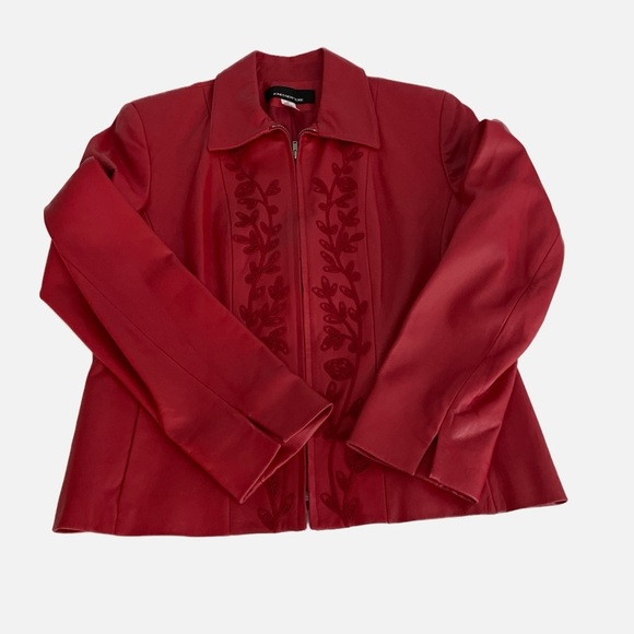 Jones New York Leather Jacket Embroidered Floral Size 8 Red Zip Lined Pockets - Picture 6 of 13